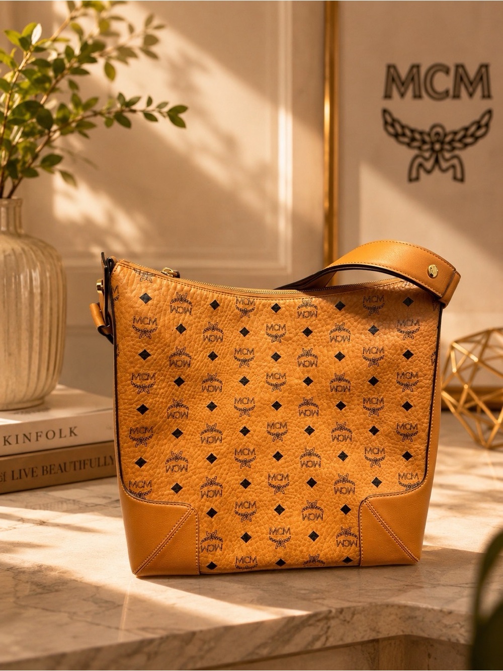 MCM Cognac Logo Monogram Hobo Bag
